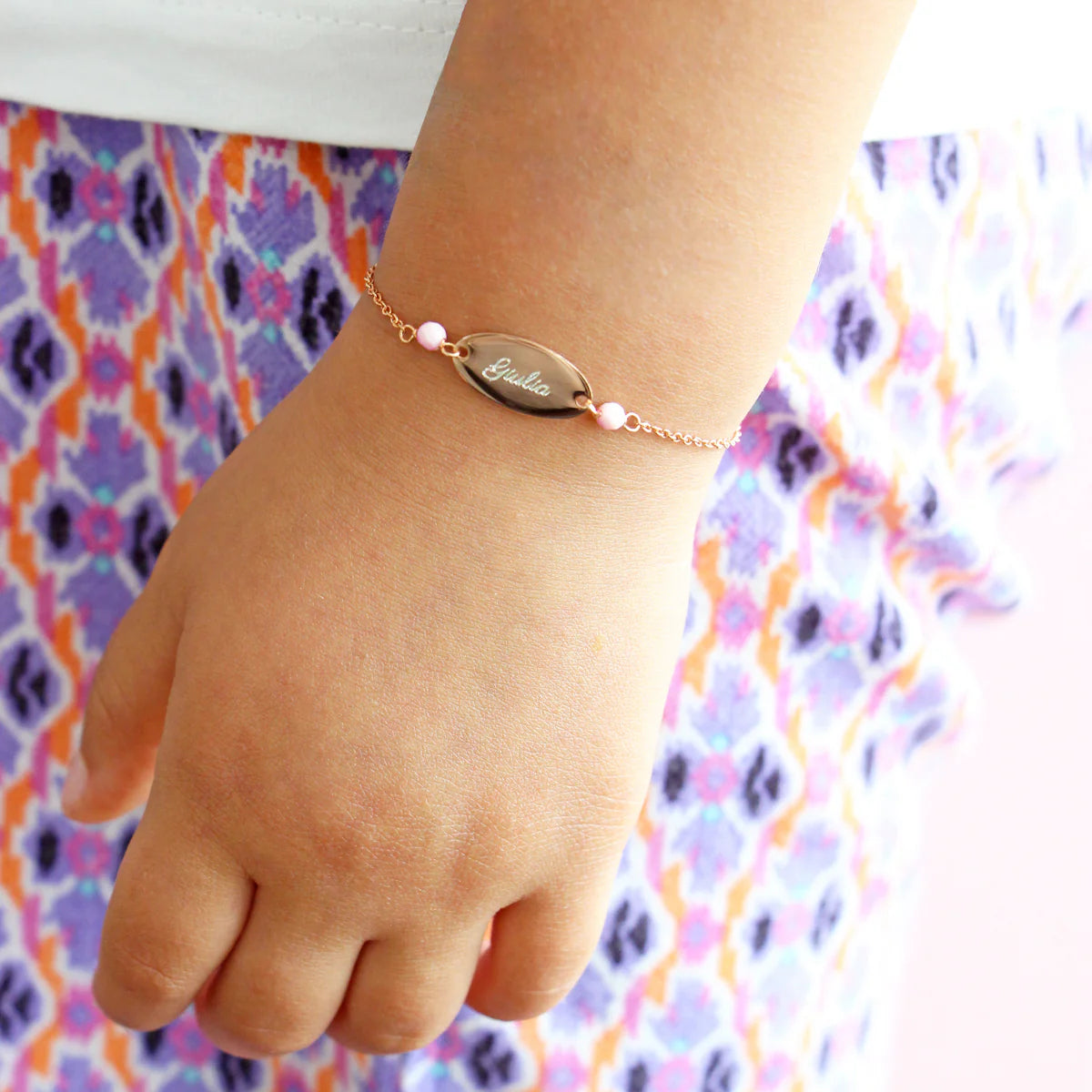 Braccialetto Bambino con Piastrina e Pietre Rosa - Io&Ro