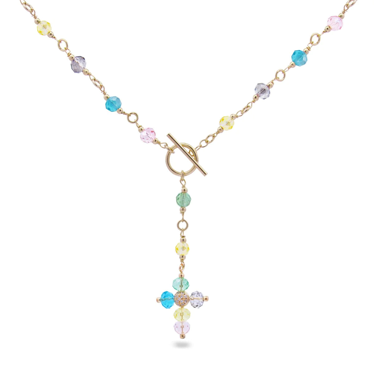 Collana Croce Crystal Cross multicolor con T-bar - Crystal Rainbow