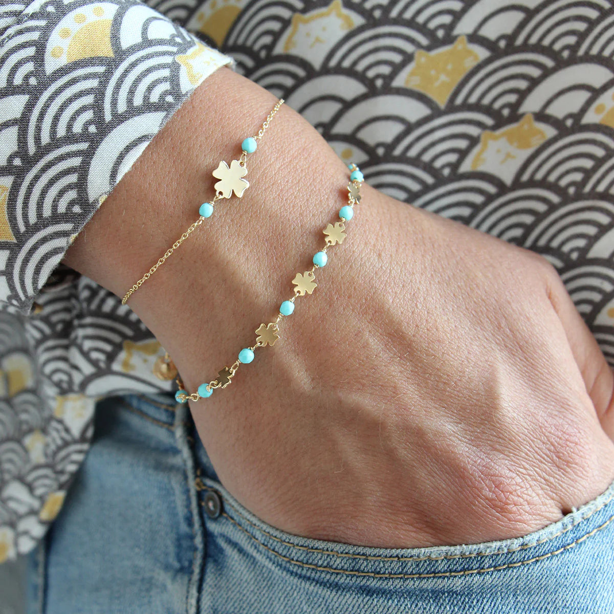 Bracciale Catenella Quadrifoglio Pietre Turchesi Adulto - Io&Ro