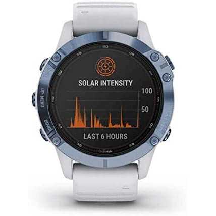Garmin fēnix 6 Pro Solar, 47mm Titanio Blu Minerale con Cinturino Bianco Pietra - GPS Smartwatch con Ricarica Solare, Display a Colori, App Multisport, Bussola, Barometro e Altimetro