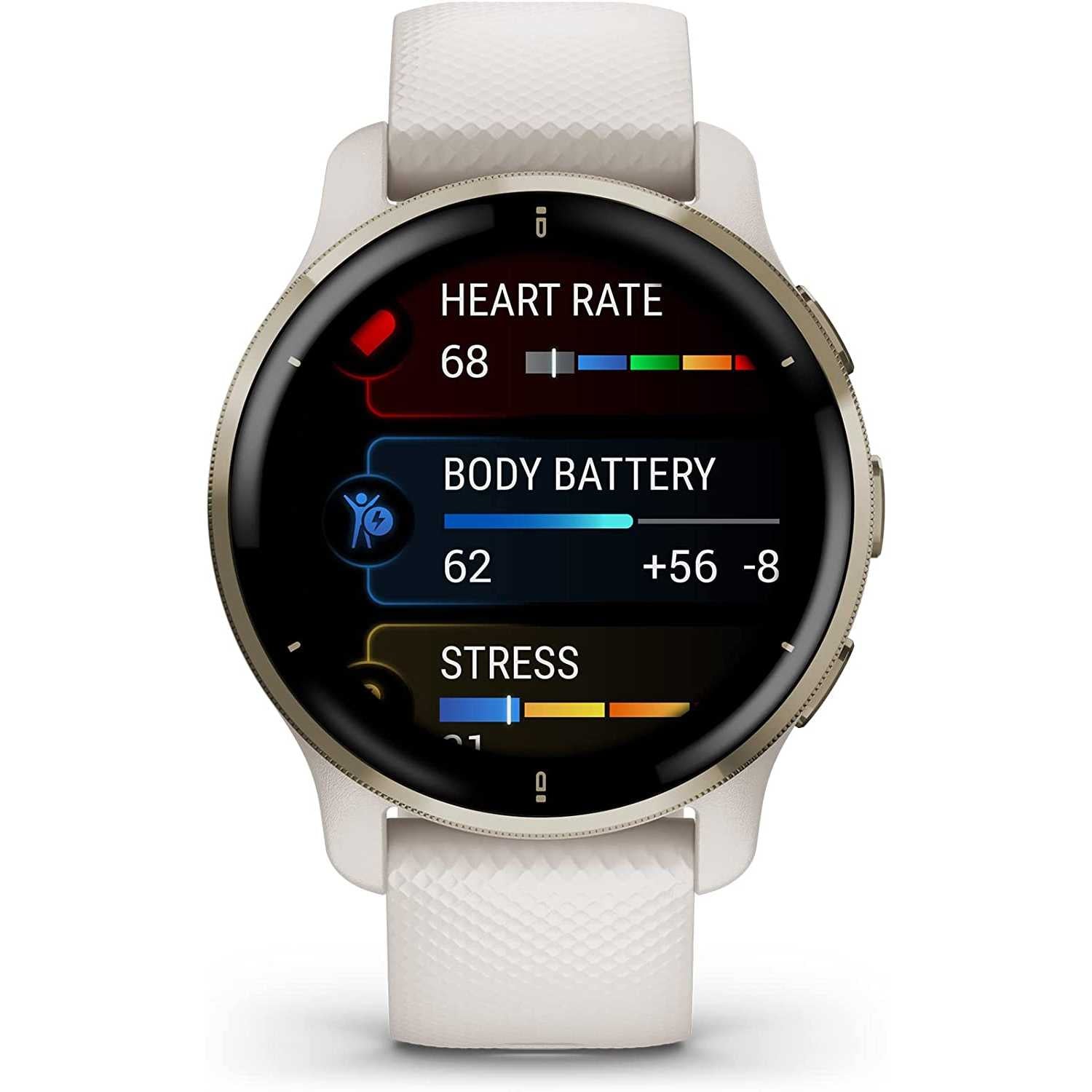 Garmin Venu 2 Plus, Smartwatch AMOLED 1,3", Microfono e cassa, Musica, Garmin Pay, +25 App sport, GPS, Cardio, SpO2 (Cream Gold & Ivory)