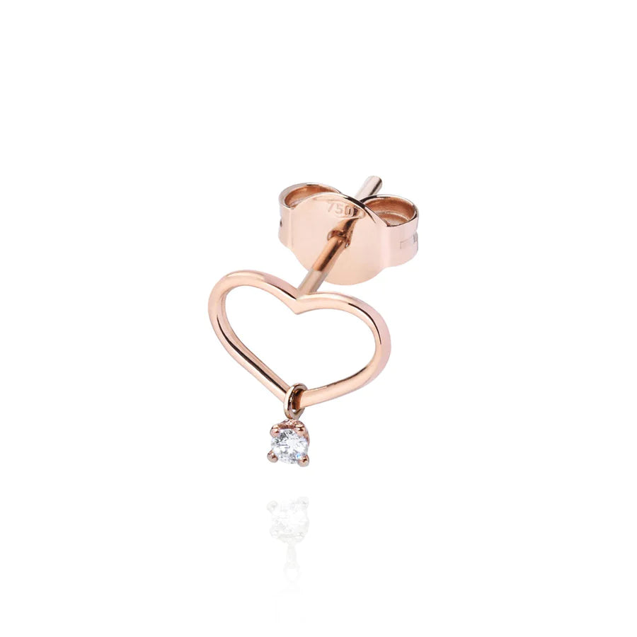 Cuore Solitaire - Orecchino in Oro Rosa 18 KT e Diamante