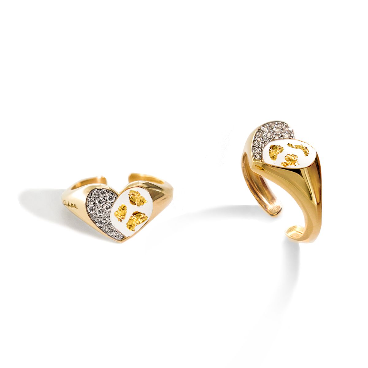 Anello Chevalier Con Cuore - Smalto Bianco E Foglia Oro