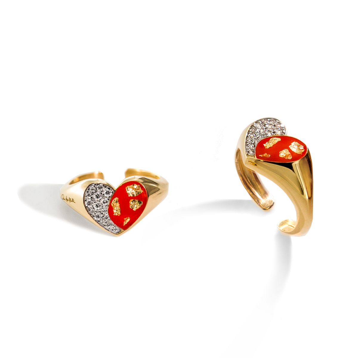 Anello Chevalier Con Cuore - Smalto Rosso E Foglia Oro