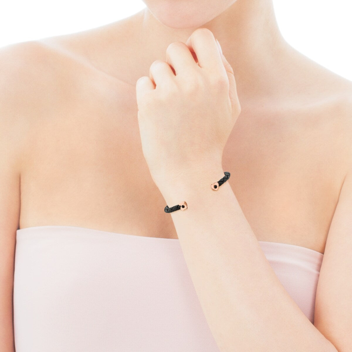 Bracciale Super Power in argento vermeil rosa con pelle nera e onice