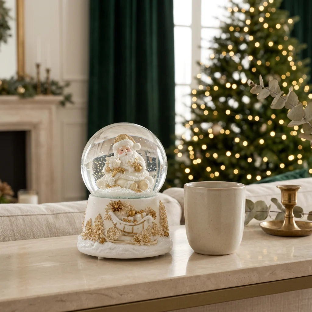 Henriette Globo Bianco Babbo Natale con Renna Prestige, Luci, Movimento e Musica