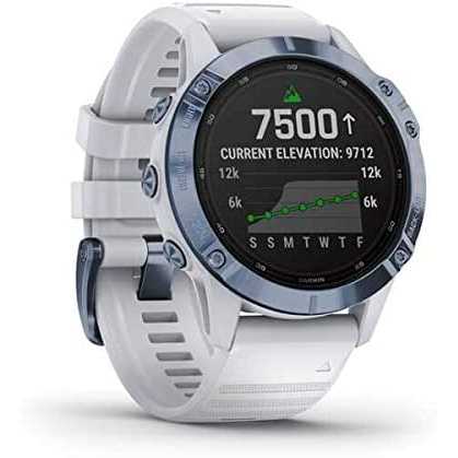 Garmin fēnix 6 Pro Solar, 47mm Titanio Blu Minerale con Cinturino Bianco Pietra - GPS Smartwatch con Ricarica Solare, Display a Colori, App Multisport, Bussola, Barometro e Altimetro