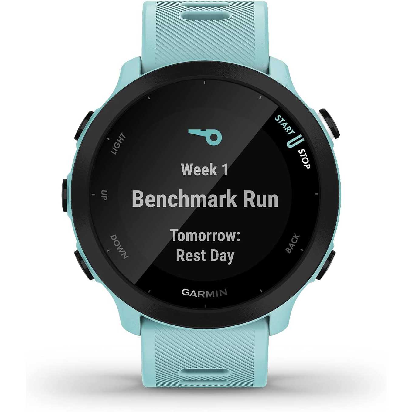 Garmin Forerunner 55 (Aqua), Smartwatch running con GPS, Cardio, Piani di allenamento inclusi, VO2max, Allenamenti personalizzati, Garmin Connect IQ Aqua Single