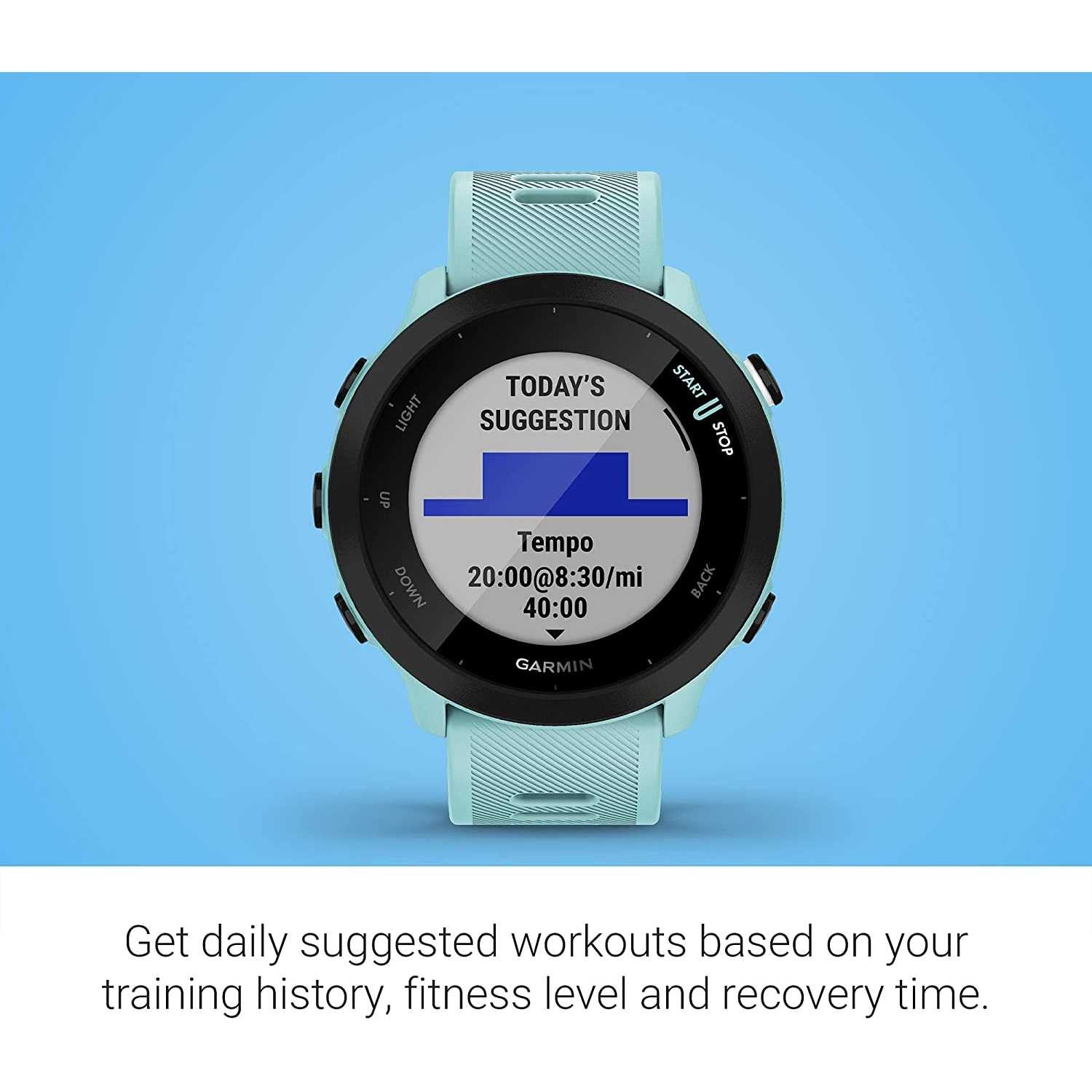 Garmin Forerunner 55 (Aqua), Smartwatch running con GPS, Cardio, Piani di allenamento inclusi, VO2max, Allenamenti personalizzati, Garmin Connect IQ Aqua Single